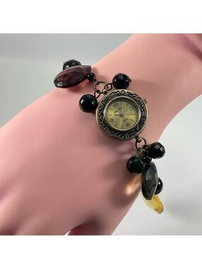 NEW BATTERY Jean Marc Gemstone Bracelet Watch Gold Tone Statement Adjustable